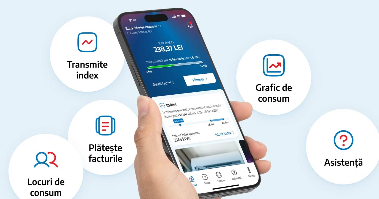 Aplicația MyElectrica: Creare cont, transmitere index și istoric facturi 1 Ecran de telefon afișând aplicația MyElectrica și o factură tipărită